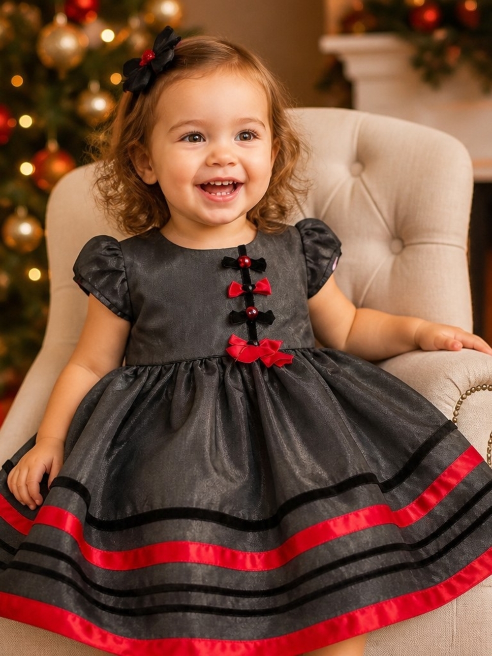 Toddler Black and Red Holiday Party Dress with Decorative Bows Sz 2t